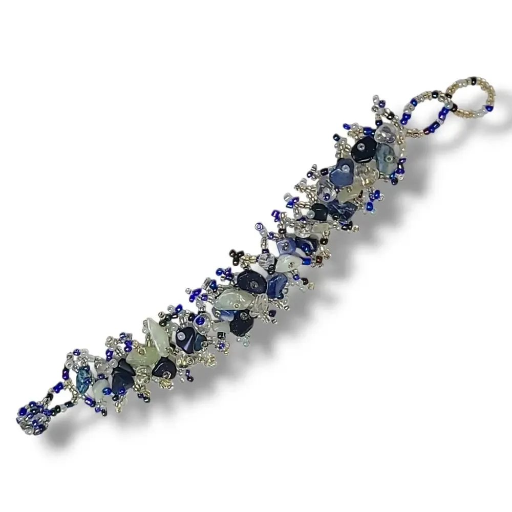 Blue & White Glass‎ Bead Woven Wide Cuff Wrap Bracelet 7